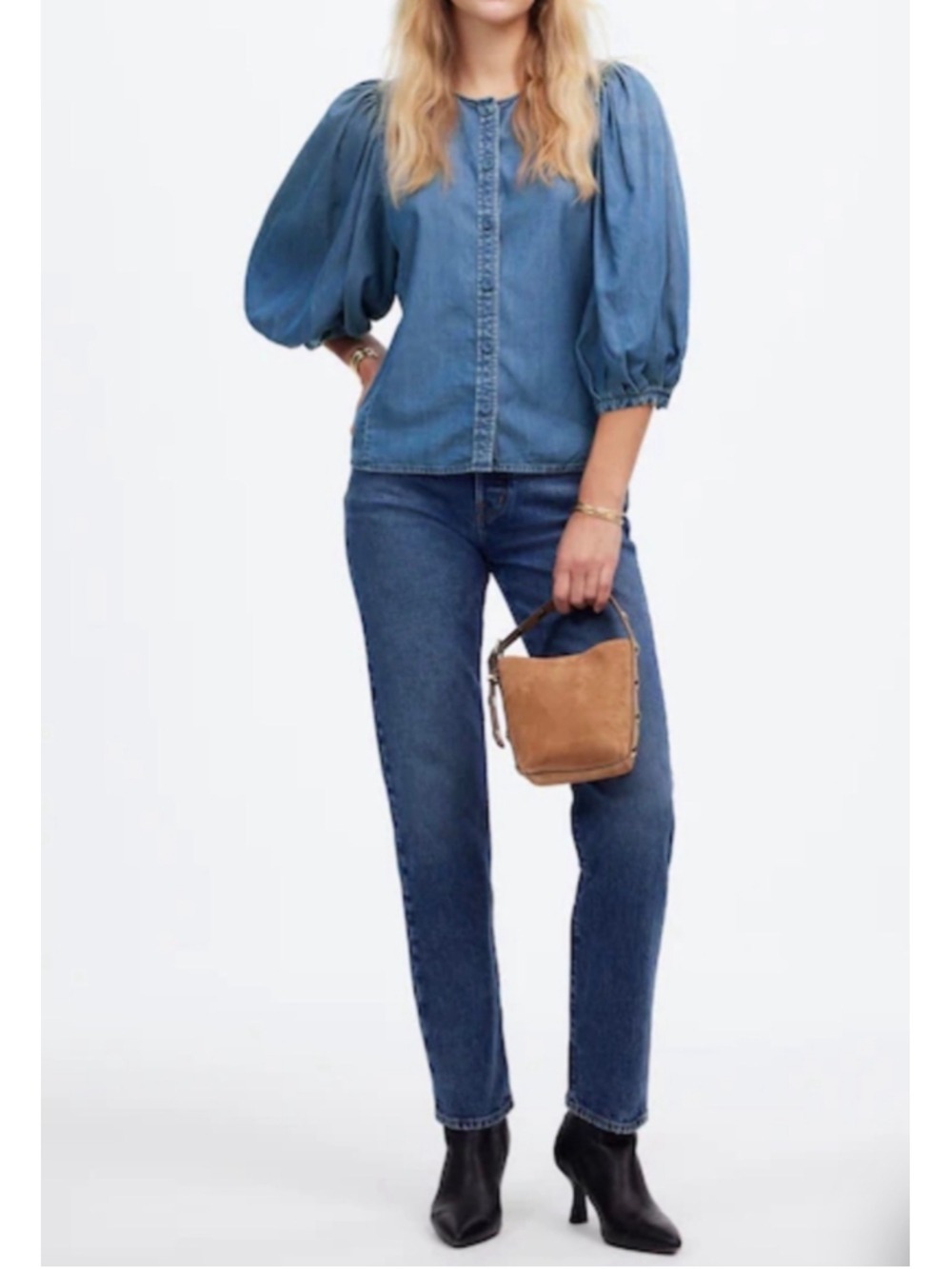 Women's Madewell Denim Blouse Size 2 Blue Puff Sleeve Button Down - Picture 2 of 10